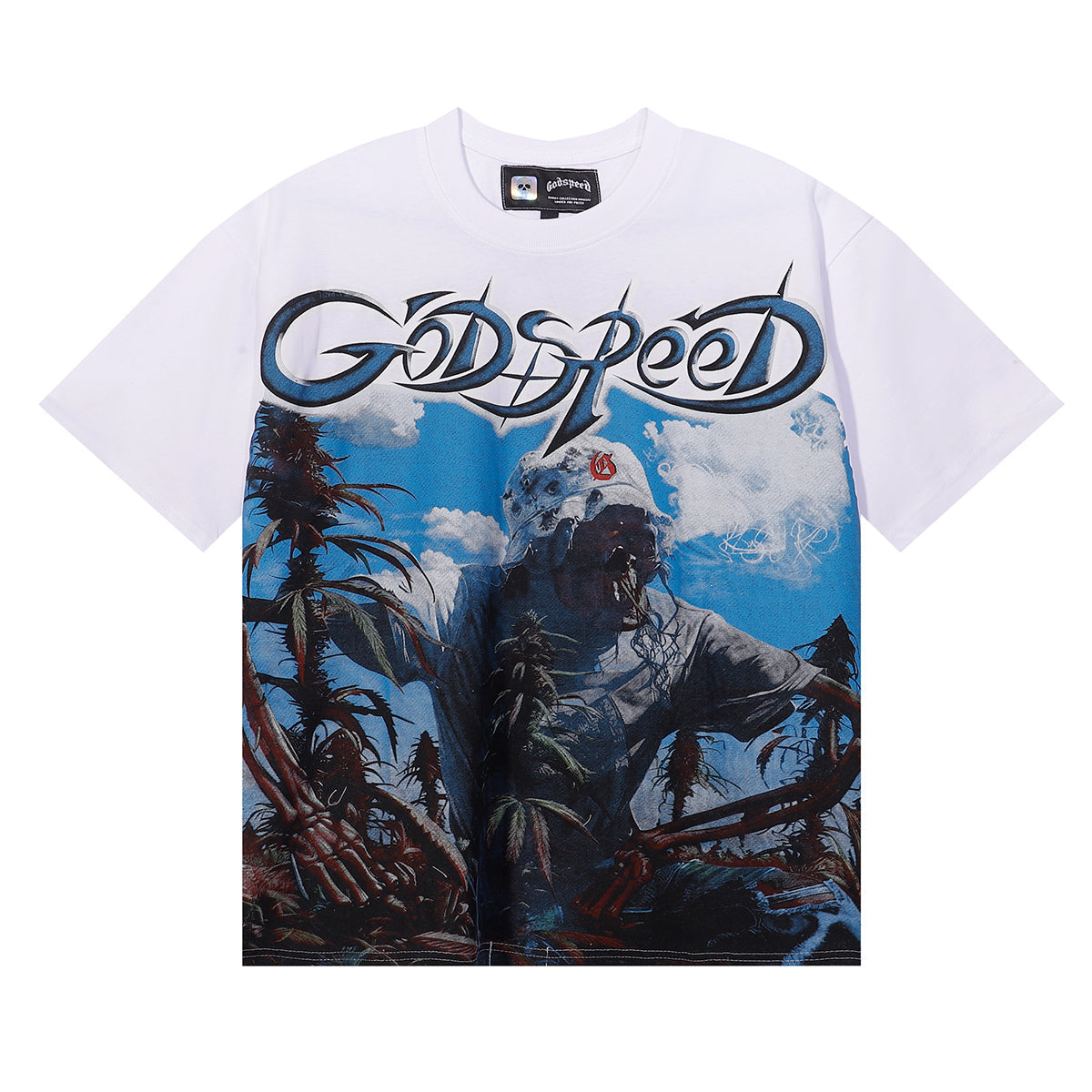 Godspeed T-shirts Blue Sky White Clouds Poppy Skull Planting Printing Cotton Casual Short Sleeves Men and Women