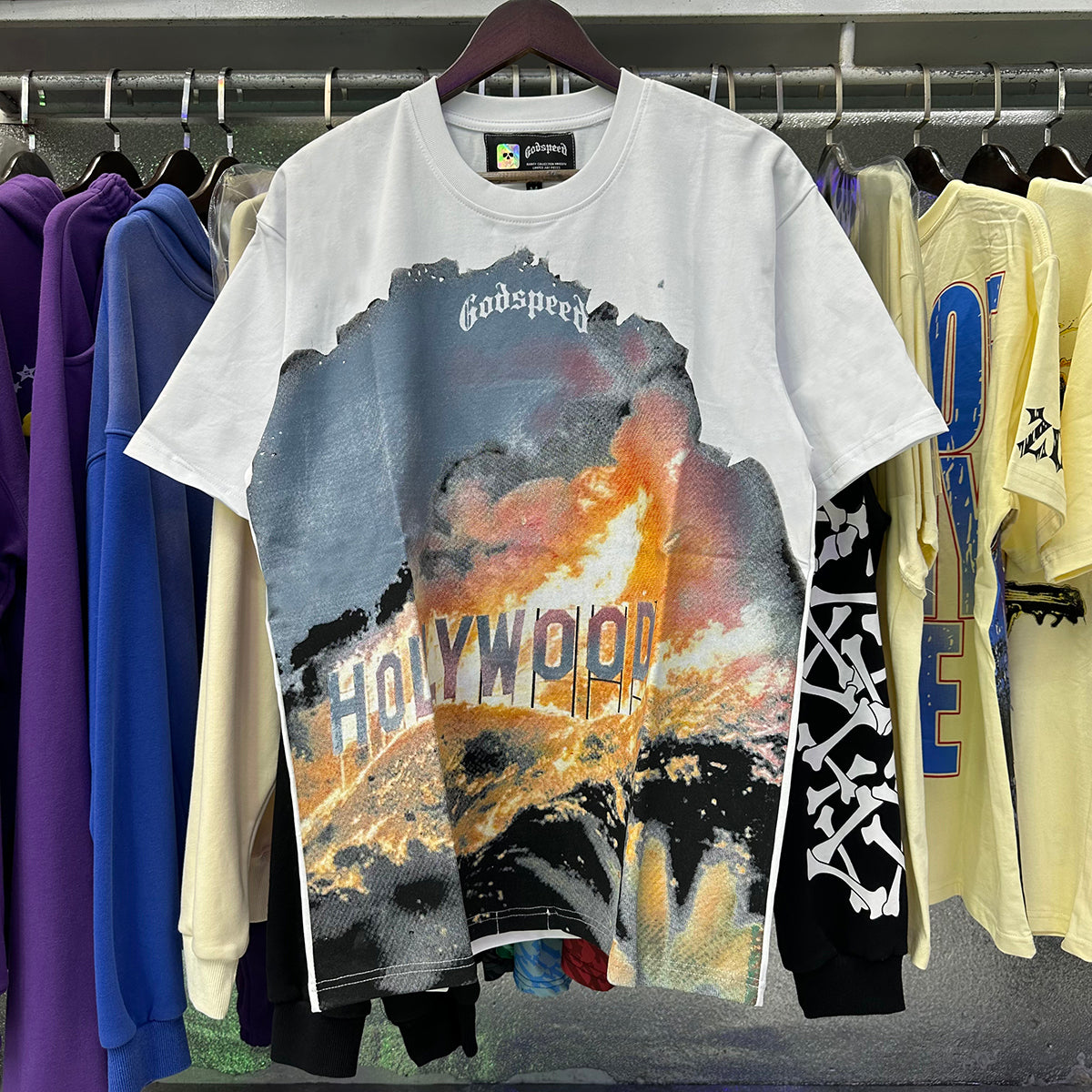Godspeed T-shirts Los Angeles Hollywood Hills Fire Print Cotton Casual Short Sleeve Men and Women