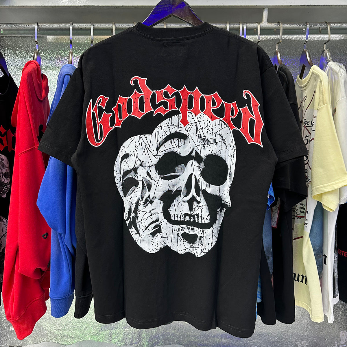 Godspeed T-shirts Double Sided Skull Face Printed Cotton Casual Short Sleeve Men and Women
