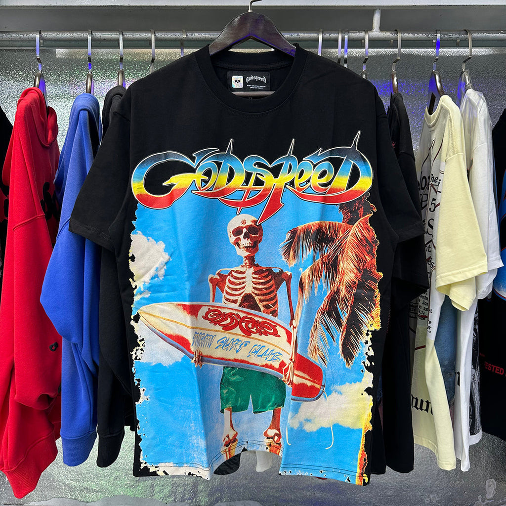 Godspeed T-shirts Beach Skull Surfboard Print Cotton Casual Short Sleeve Men and Women