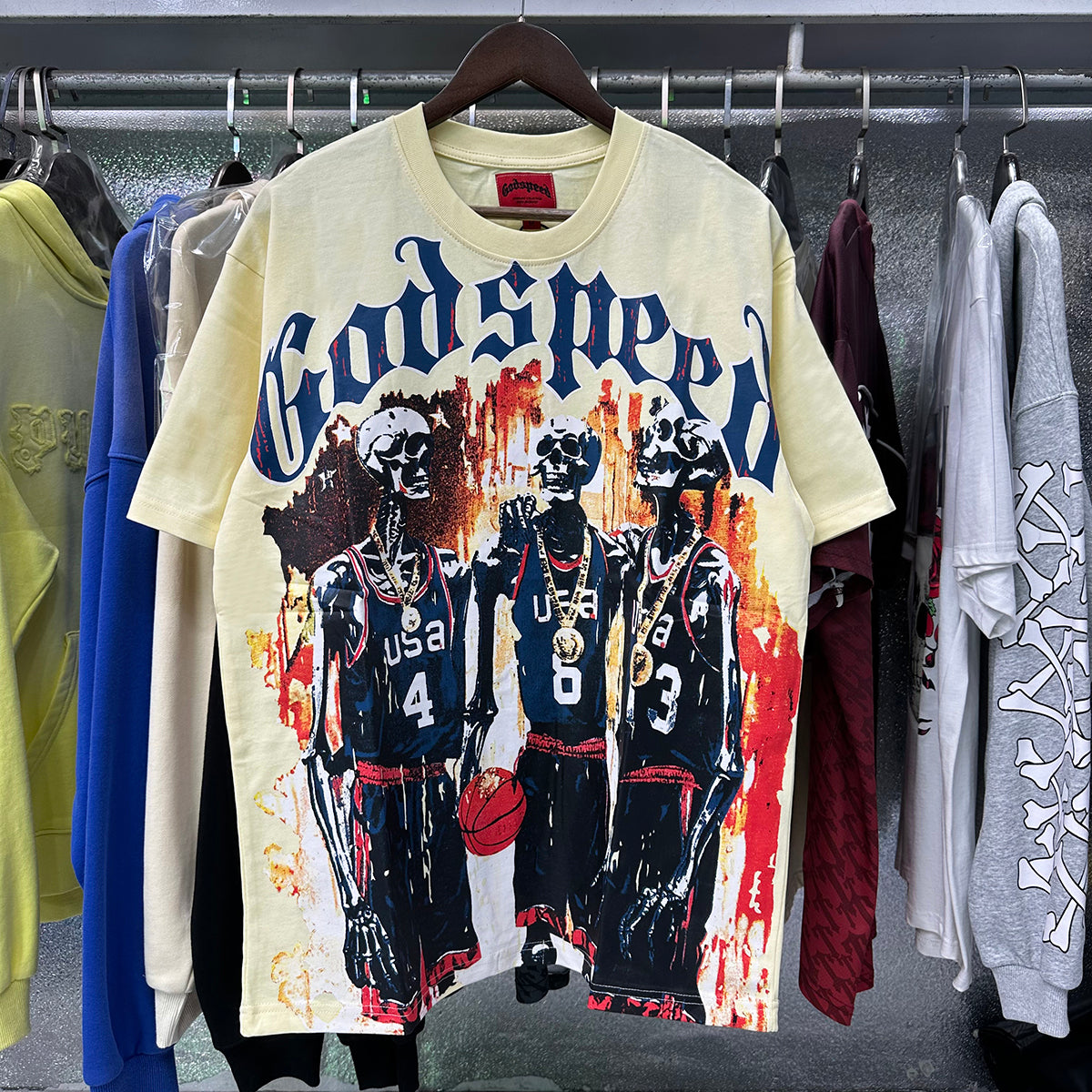 Godspeed T-shirts Basketball Dream Team Trident Print Cotton Casual Short Sleeve Men and Women