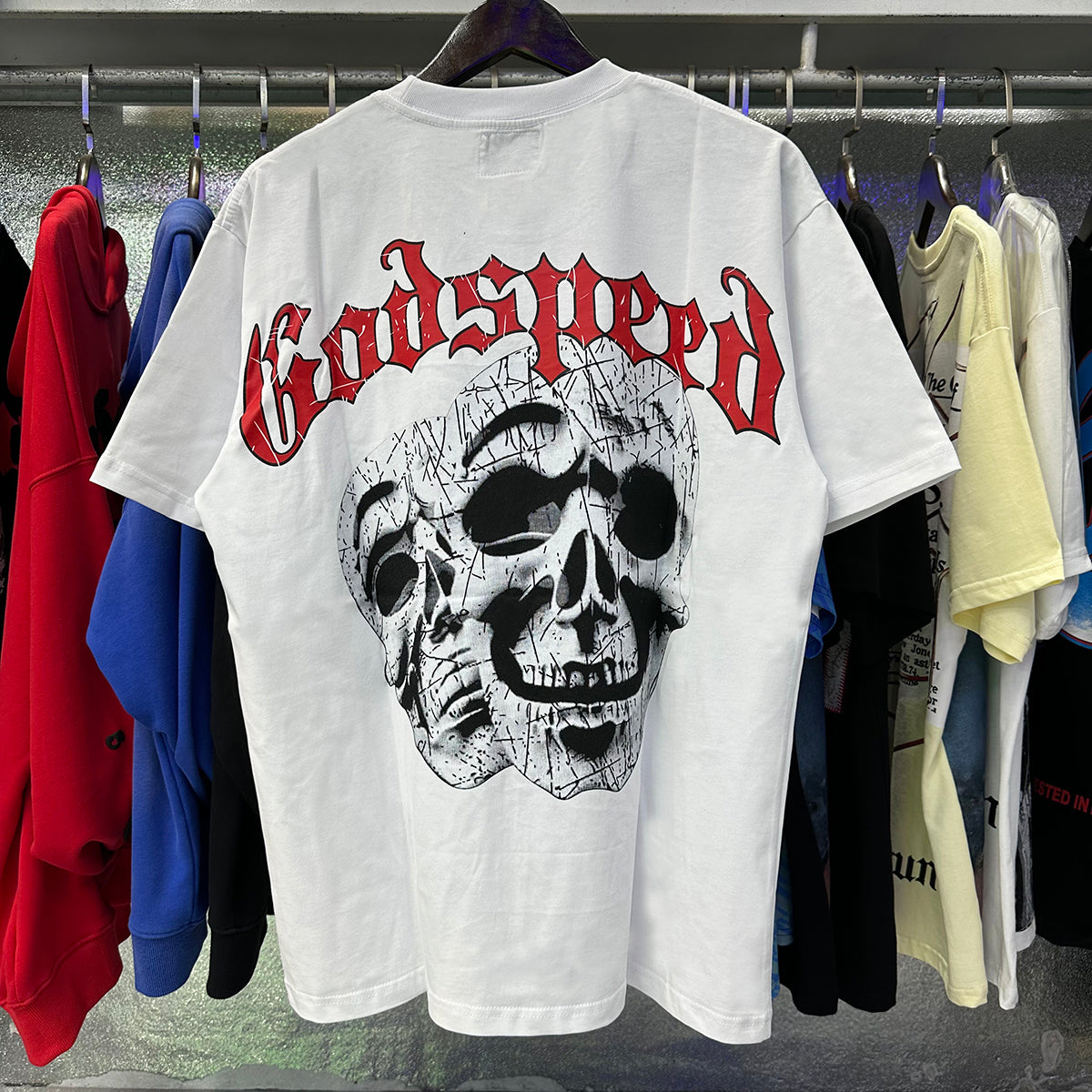 Godspeed T-shirts Double Sided Skull Face Printed Cotton Casual Short Sleeve Men and Women