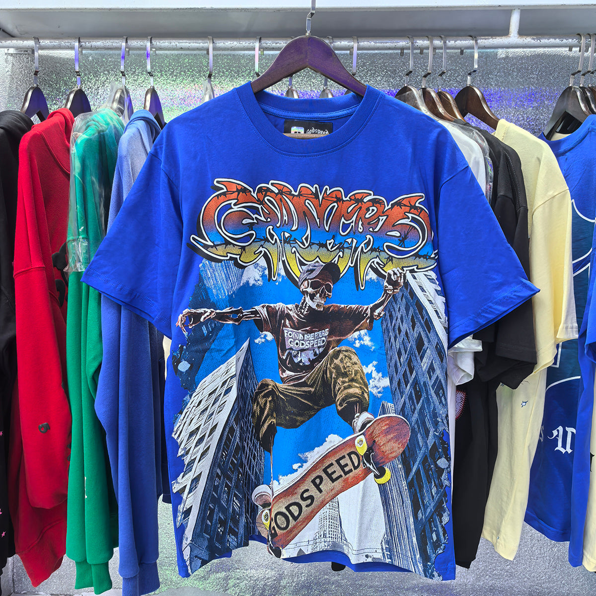 Godspeed T-shirts Urban Skateboard Skull Junior Print Cotton Casual Short Sleeve Men and Women