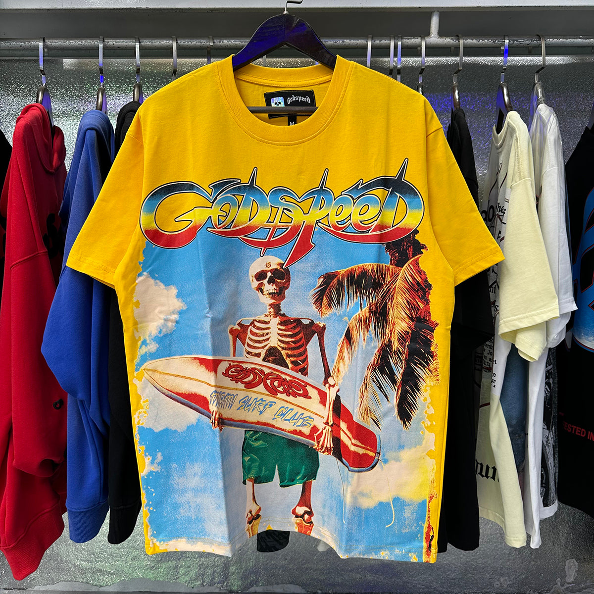 Godspeed T-shirts Beach Skull Surfboard Print Cotton Casual Short Sleeve Men and Women