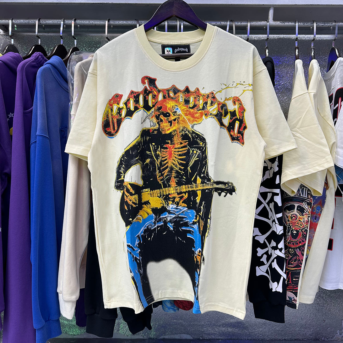 Godspeed T-shirts Guitar Skull Denim Print Casual Crew Neck Short Sleeve Men and Women