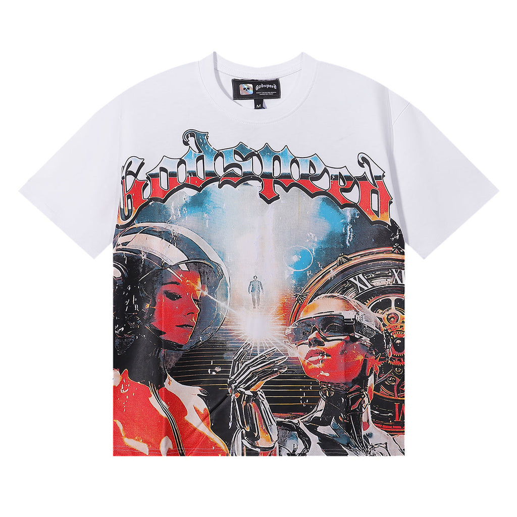 Godspeed T-shirts Astronaut Robot Printed Cotton Casual Short Sleeve Men and Women