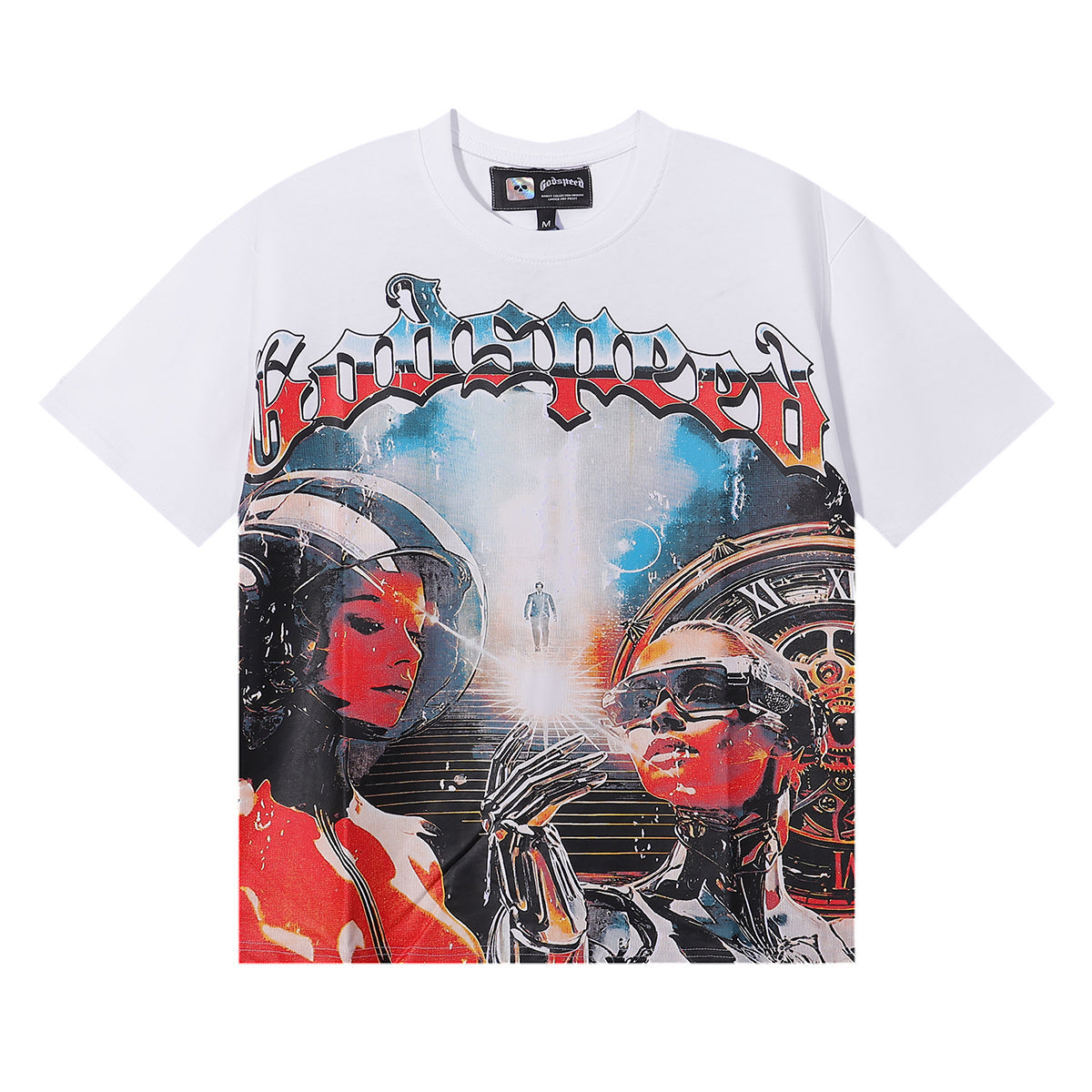 Godspeed T-shirts Astronaut Robot Printed Cotton Casual Short Sleeve Men and Women