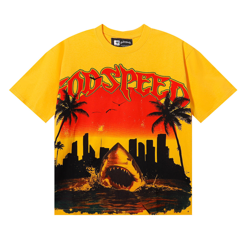 Godspeed T-shirts Urban Coconut Shark Print Cotton Casual Short Sleeve Men and Women