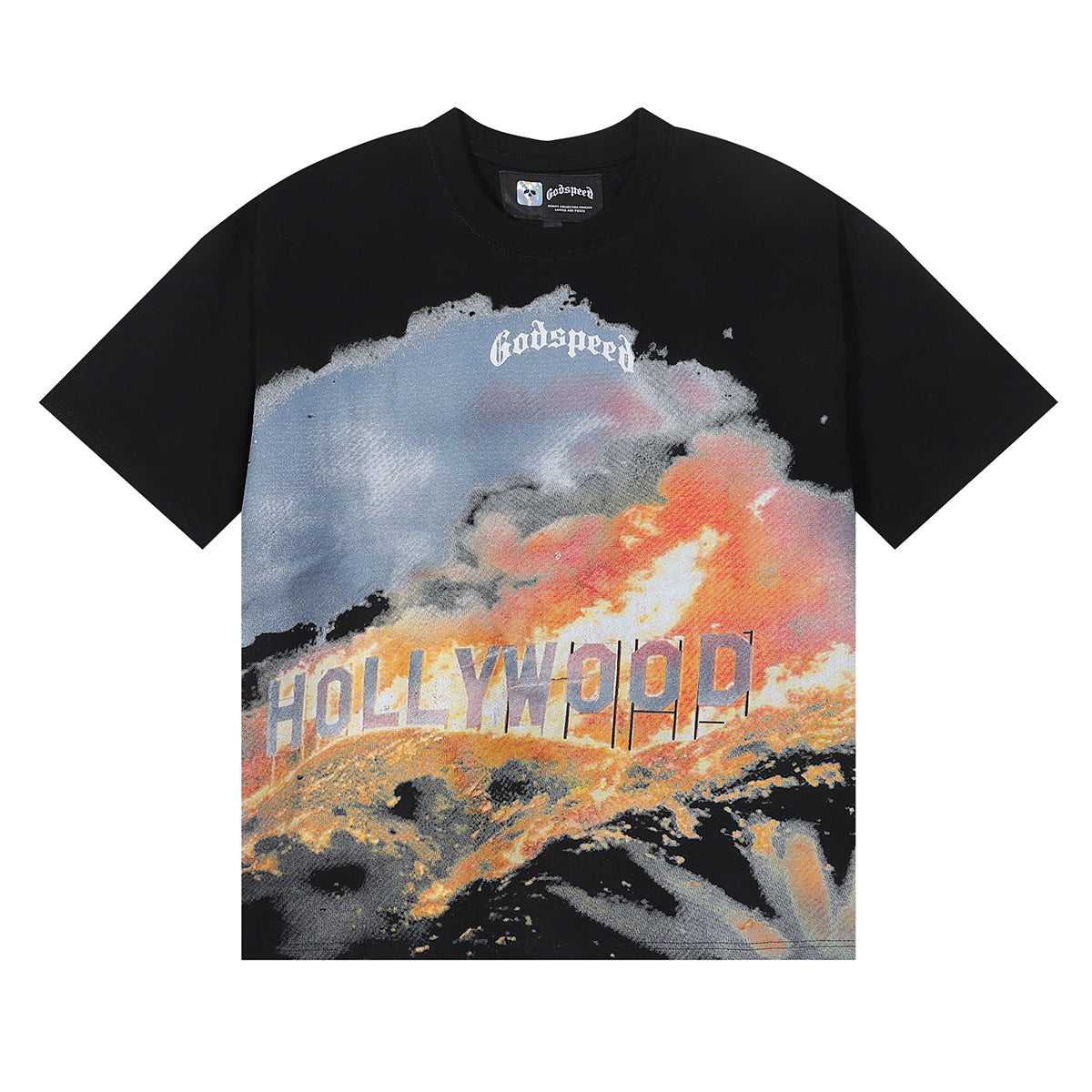 Godspeed T-shirts Los Angeles Hollywood Hills Fire Print Cotton Casual Short Sleeve Men and Women