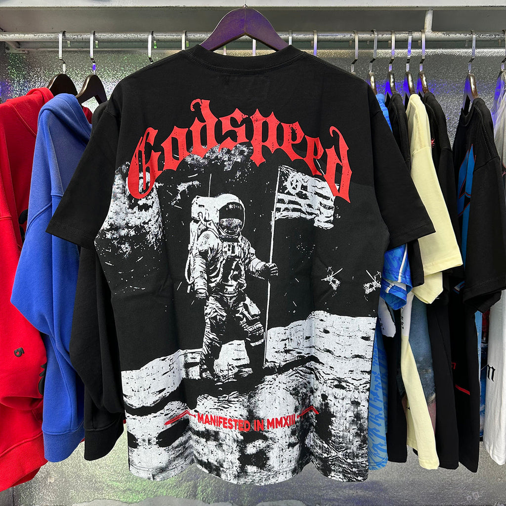 Godspeed T-shirts Astronaut Moon Landing Print Cotton Casual Short Sleeve Men and Women