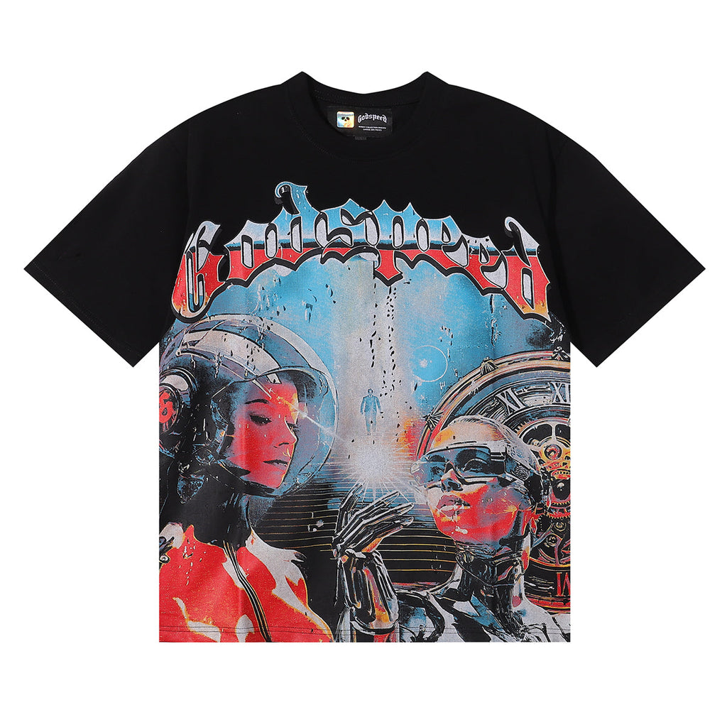 Godspeed T-shirts Astronaut Robot Printed Cotton Casual Short Sleeve Men and Women