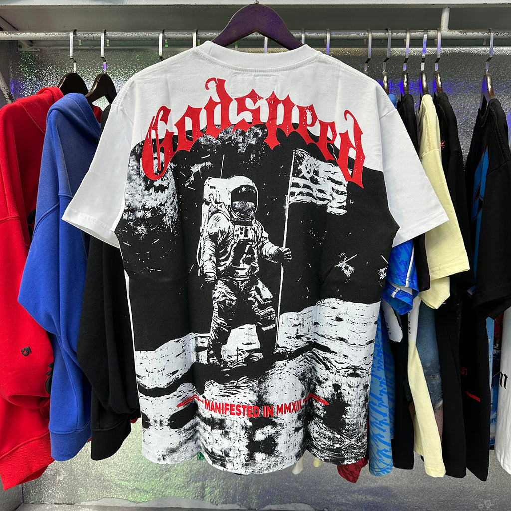 Godspeed T-shirts Astronaut Moon Landing Print Cotton Casual Short Sleeve Men and Women