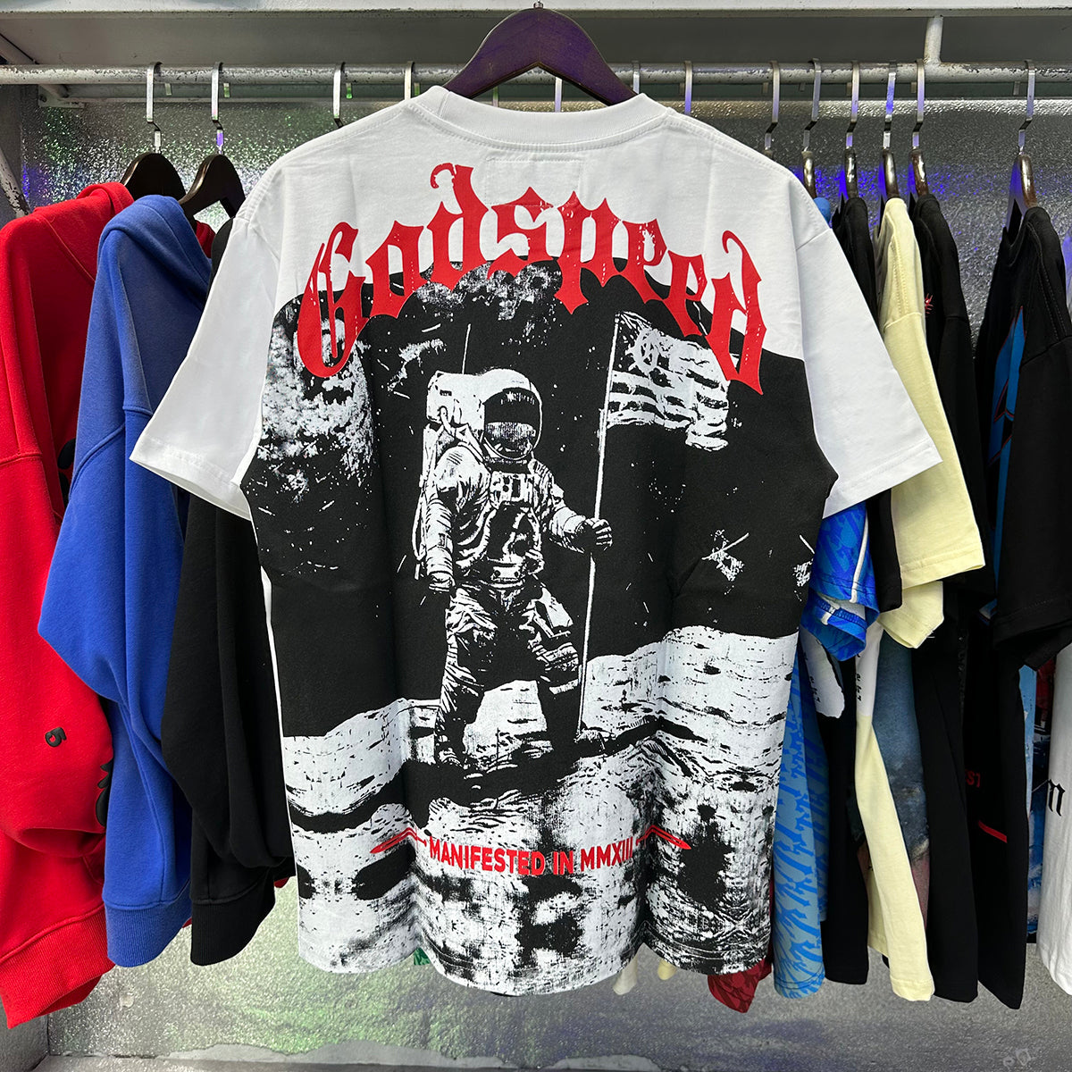 Godspeed T-shirts Astronaut Moon Landing Print Cotton Casual Short Sleeve Men and Women