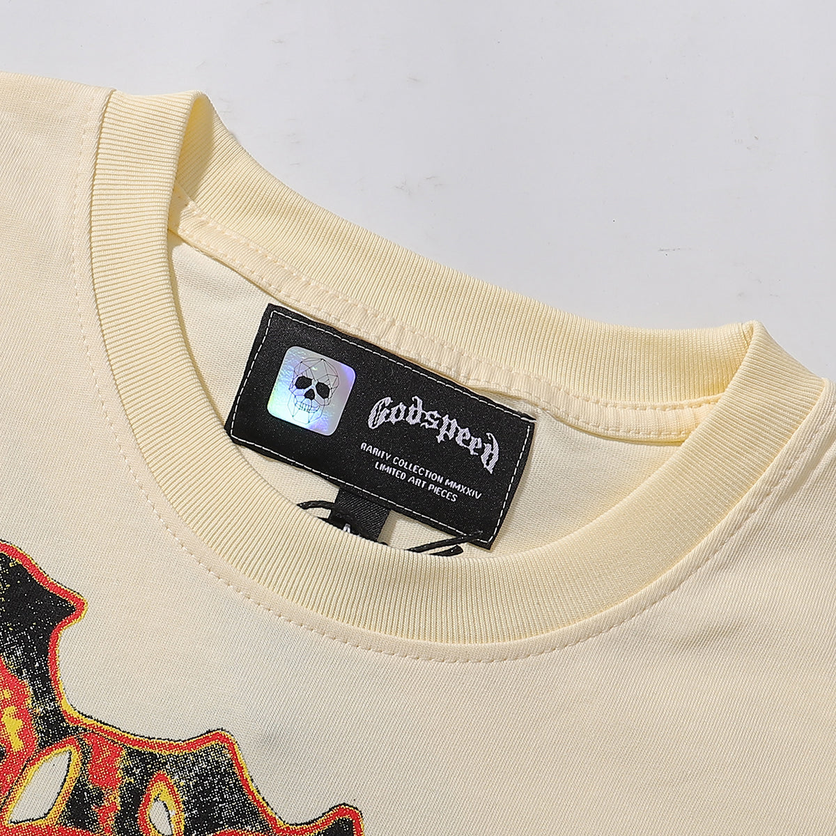 Godspeed T-shirts Guitar Skull Denim Print Casual Crew Neck Short Sleeve Men and Women