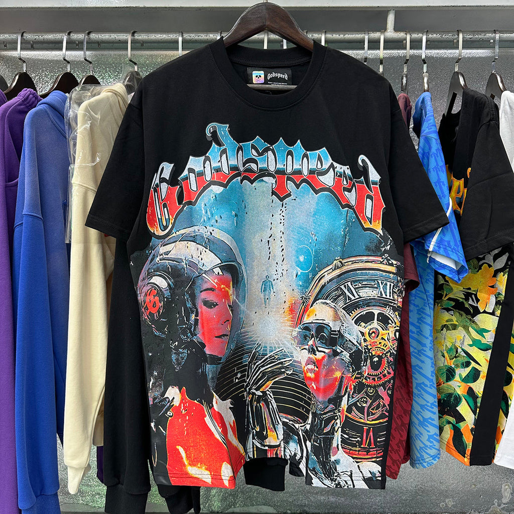 Godspeed T-shirts Astronaut Robot Printed Cotton Casual Short Sleeve Men and Women