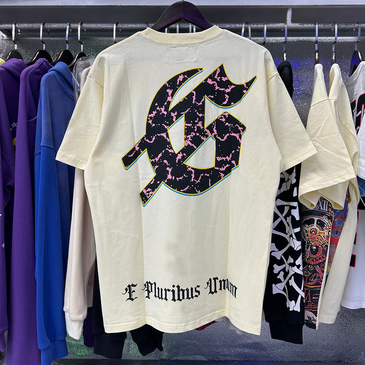 Godspeed T-shirts Guitar Skull Denim Print Casual Crew Neck Short Sleeve Men and Women