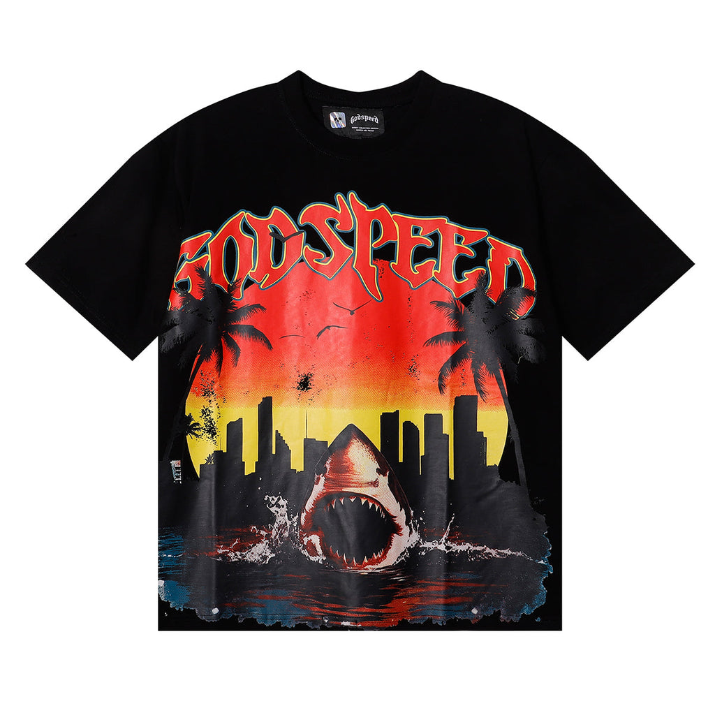 Godspeed T-shirts Urban Coconut Shark Print Cotton Casual Short Sleeve Men and Women