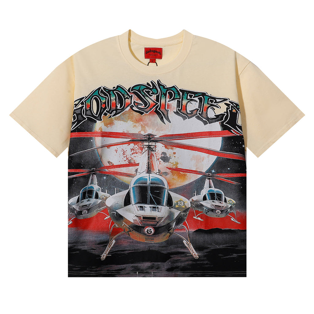 Godspeed T-shirts Helicopter Printing Cotton Casual Short Sleeves Men and Women